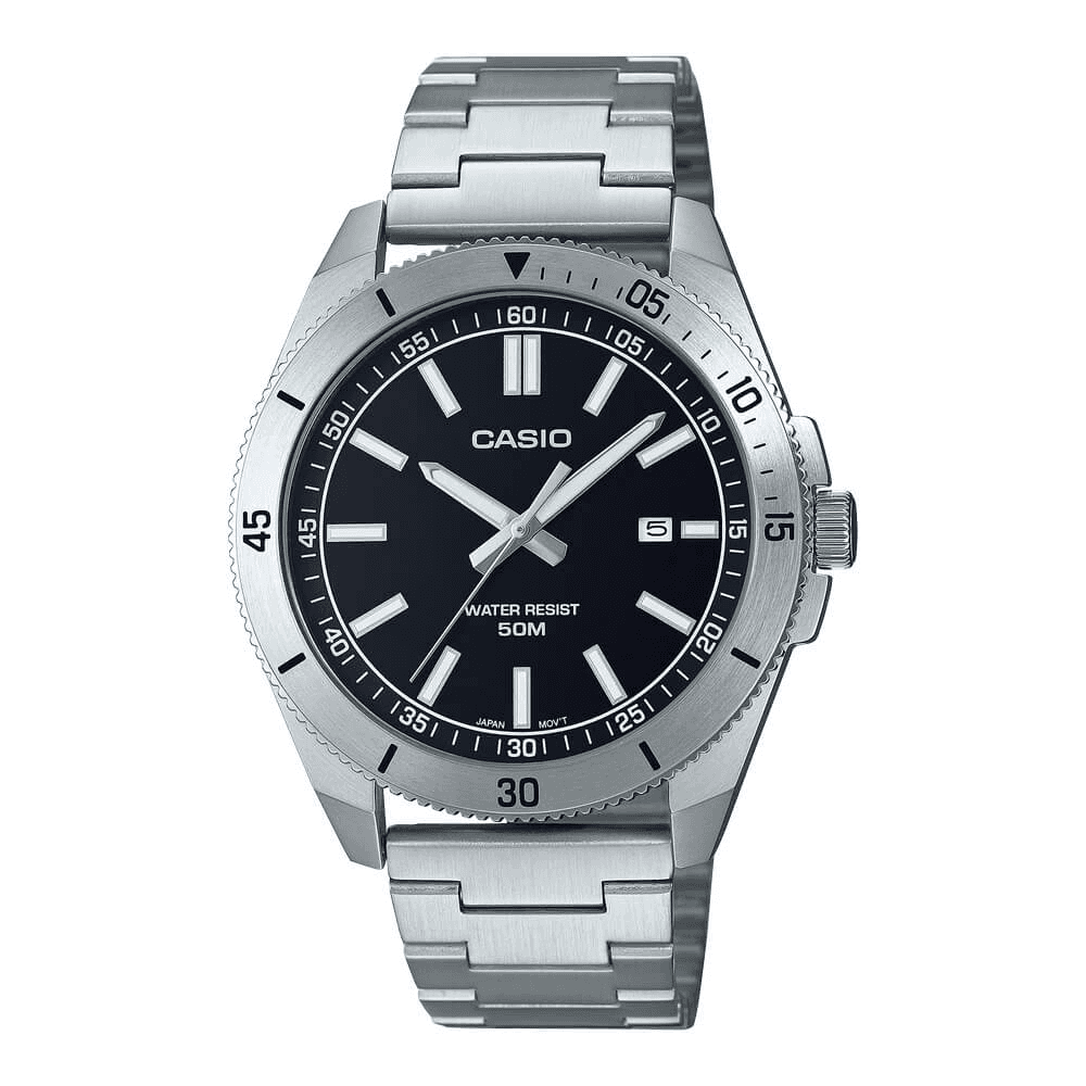 WW2626 Casio Silver Black Standard Date Chain Watch MTP-B155D-1EVDF