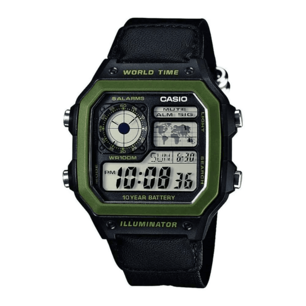 WW0046 Casio Youth World Time Digital Nylon Belt Watch AE-1200WHB-1BVDF