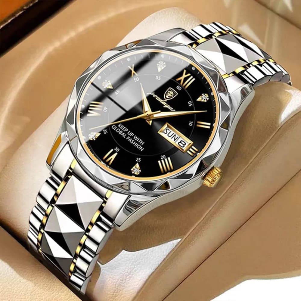 NEW POEDAGAR 615 Quartz Stainless Steel Watch For Men - Silver and Black