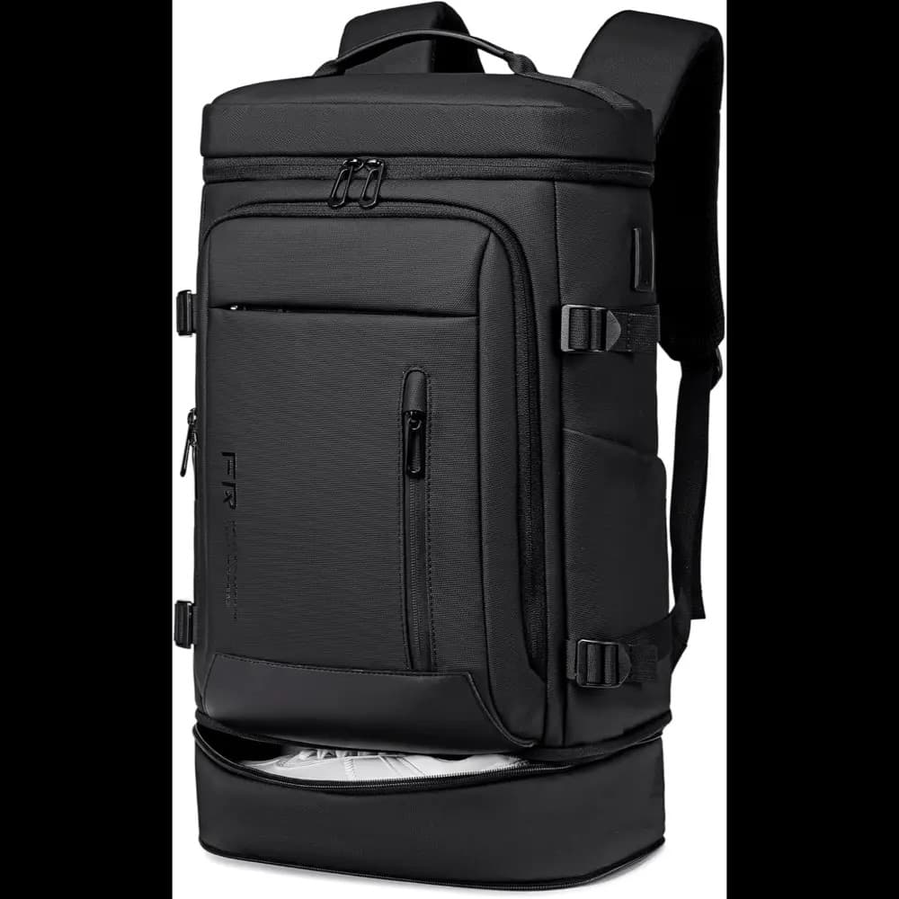 FENRUIEN 2199 Travel Backpack with Shoe Compartment, Water Resistant Backpack Carry On Luggage with USB Charging Port, Black