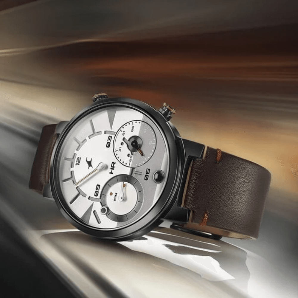 Fastrack Gambit Micromotor White Dial Brown Leather Strap Analog Watch for Guys (3309NL01)