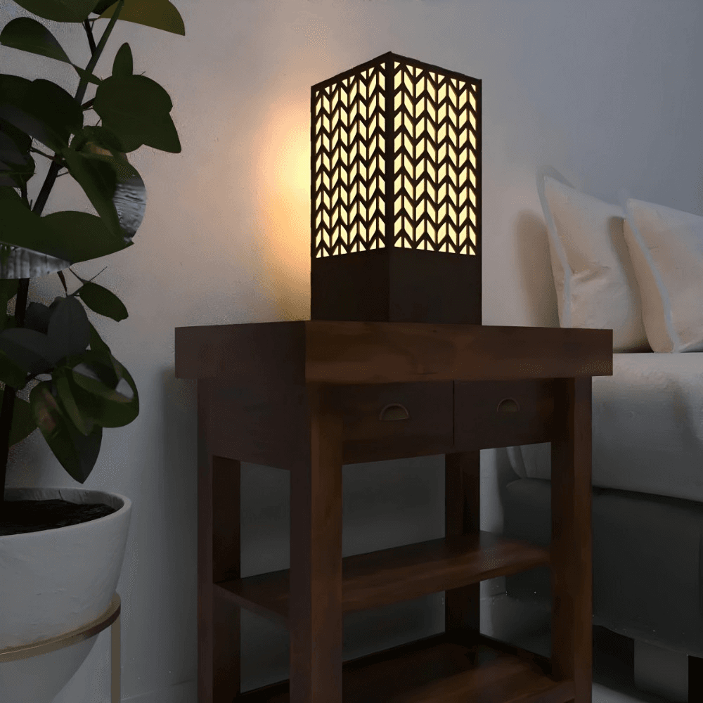 Ednfy Minimalist Wooden Lamp | Warm Ambient Table Light for Home & Office | Modern Japanese Style Laser-Cut Lamp for Bedroom Decor (SL-109)