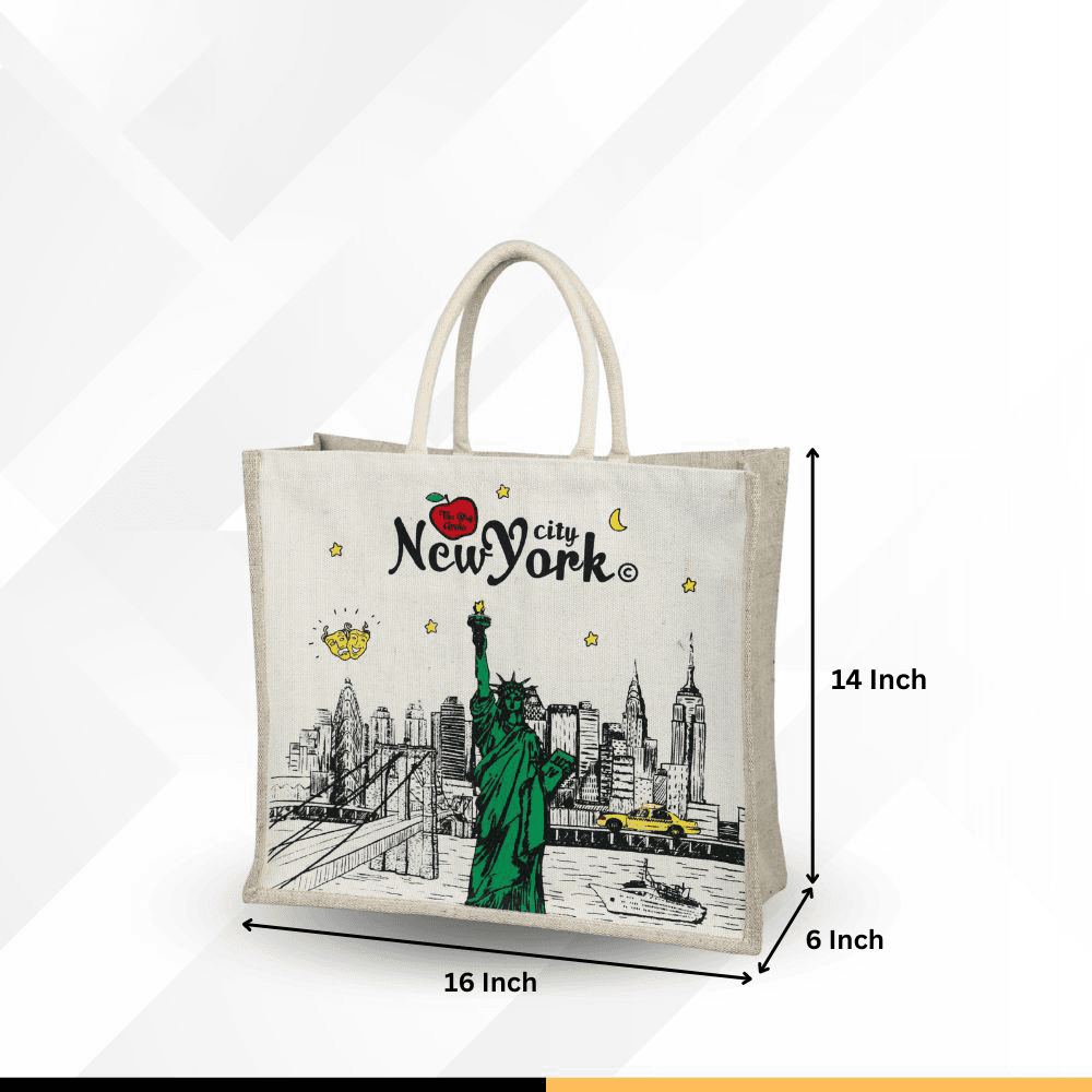 Jute Shopping Bag with Zipper, Natural & White, (14"x16") New York City