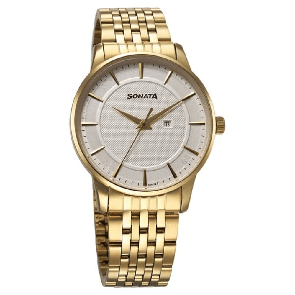 Sonata Wedding Quartz Analog Off White Dial Stainless Steel Strap Watch For Men (77153YM01)