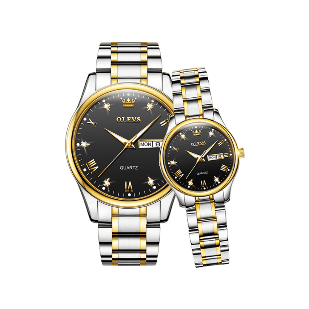 Olevs 5563 Stainless Steel Quartz Couple Wrist Watch - Silver Gold & Black