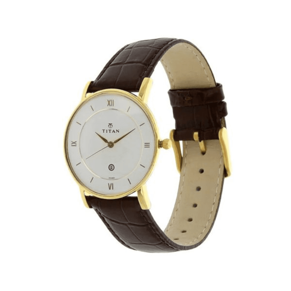 TITAN Elegant Analog Date Leather Belt Men’s Watch-Gold White For Men - 9162YL01
