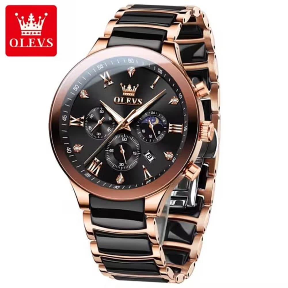 OLEVS 7004 Chronograph Moonphase Original Ceramic Watch For Men – Silver Rose