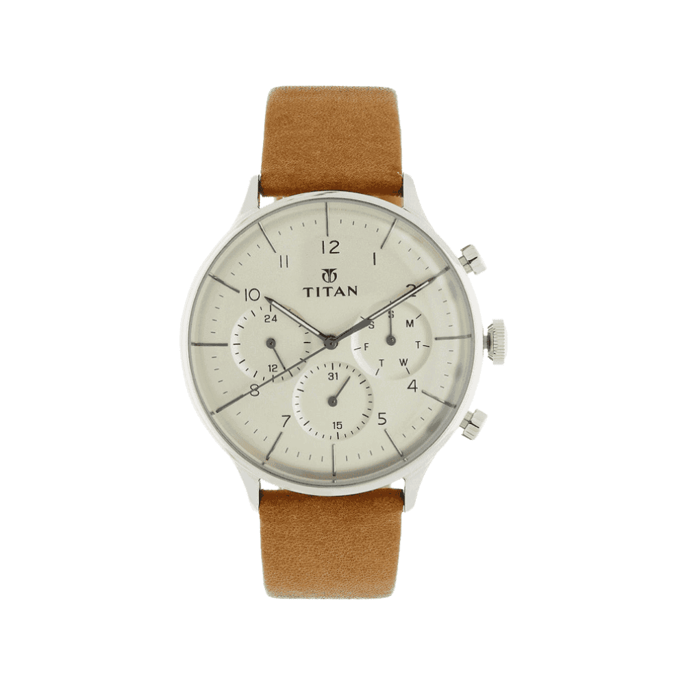 Titan Quartz Multifunction Silver Dial Leather Strap Watch for Men - 90102SL01