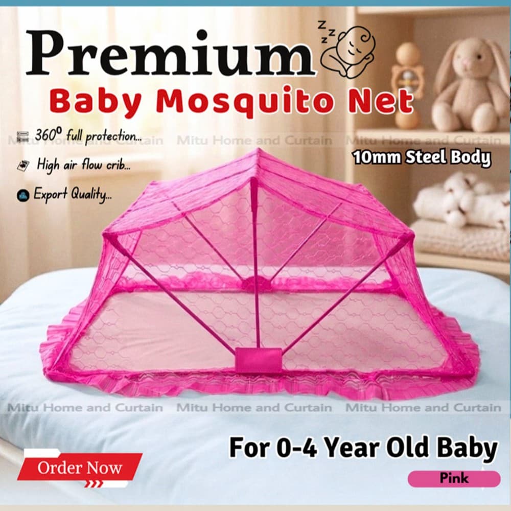 Baby Mosquito net Mosquito net for baby Baby moshari 10 mm steel body mosquito net foldable 3 folding system Pink