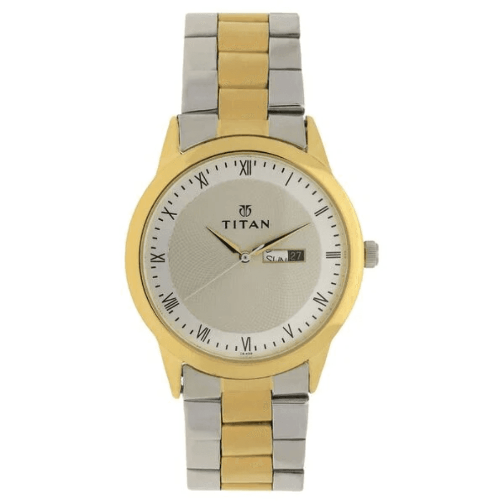 Titan Quartz Analog with Day and Date Champagne Dial Stainless Steel Strap Watch for Men (1584BM02)