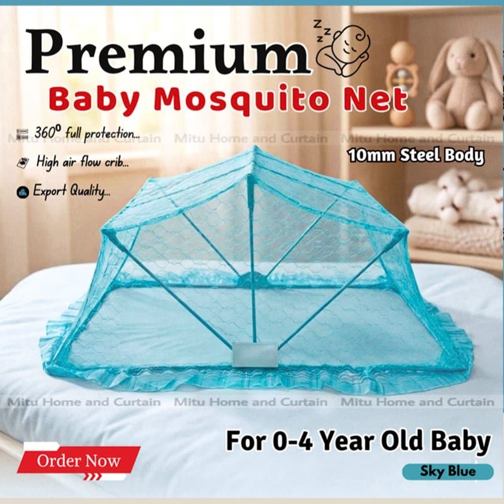 Baby Mosquito net Mosquito net for baby Baby moshari 10 mm steel body mosquito net foldable 3 folding system Sky Blue