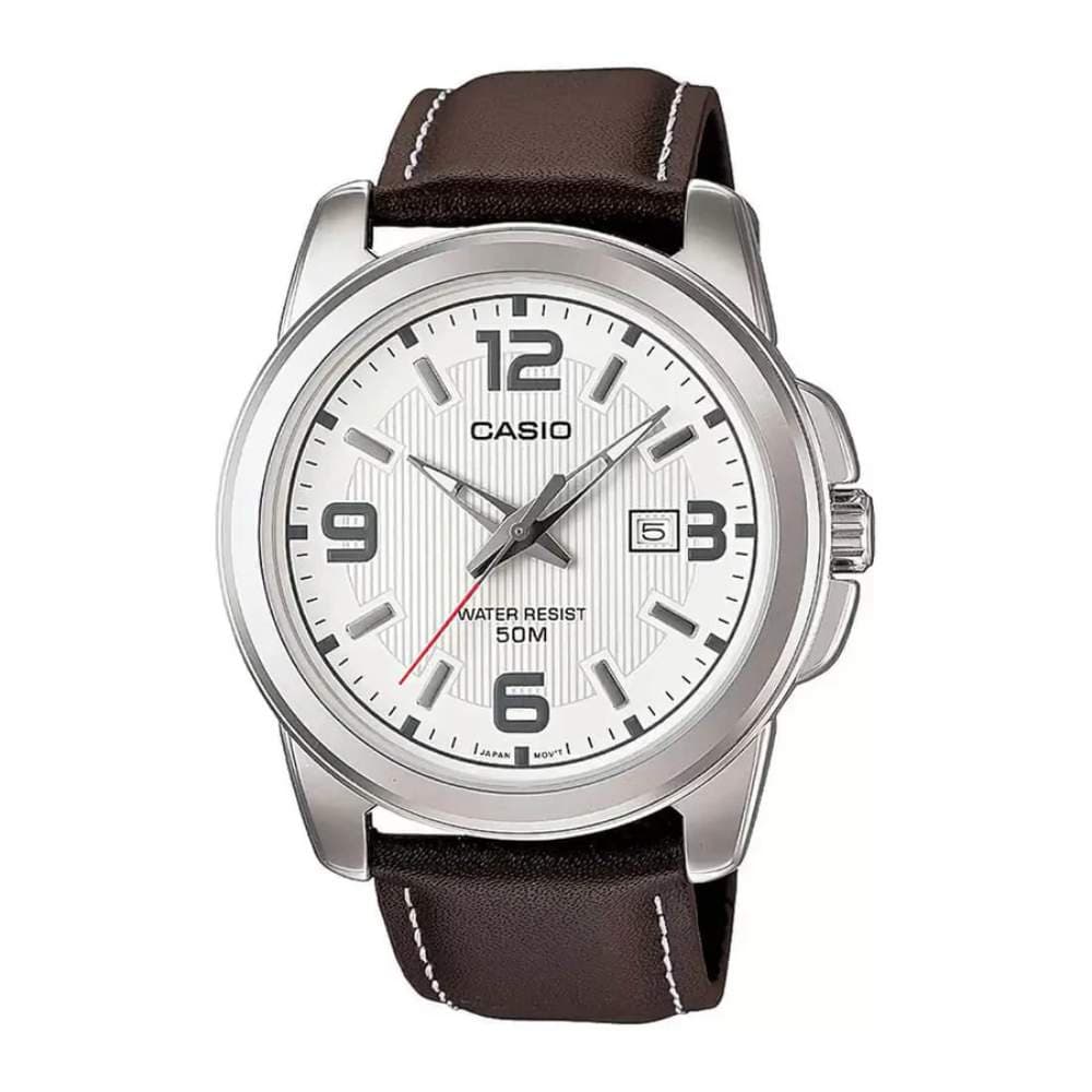 WW0461 Casio Enticer Date Silver Leather Belt Watch MTP-1314L-7AVDF