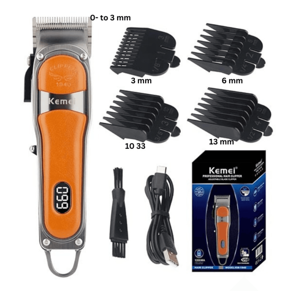 Kemei KM-1940 Adjustable Hair Trimmer Rechargeable Electric Cutting Machine Golden Metal Body Carbon Steel Blade Hair Clipper