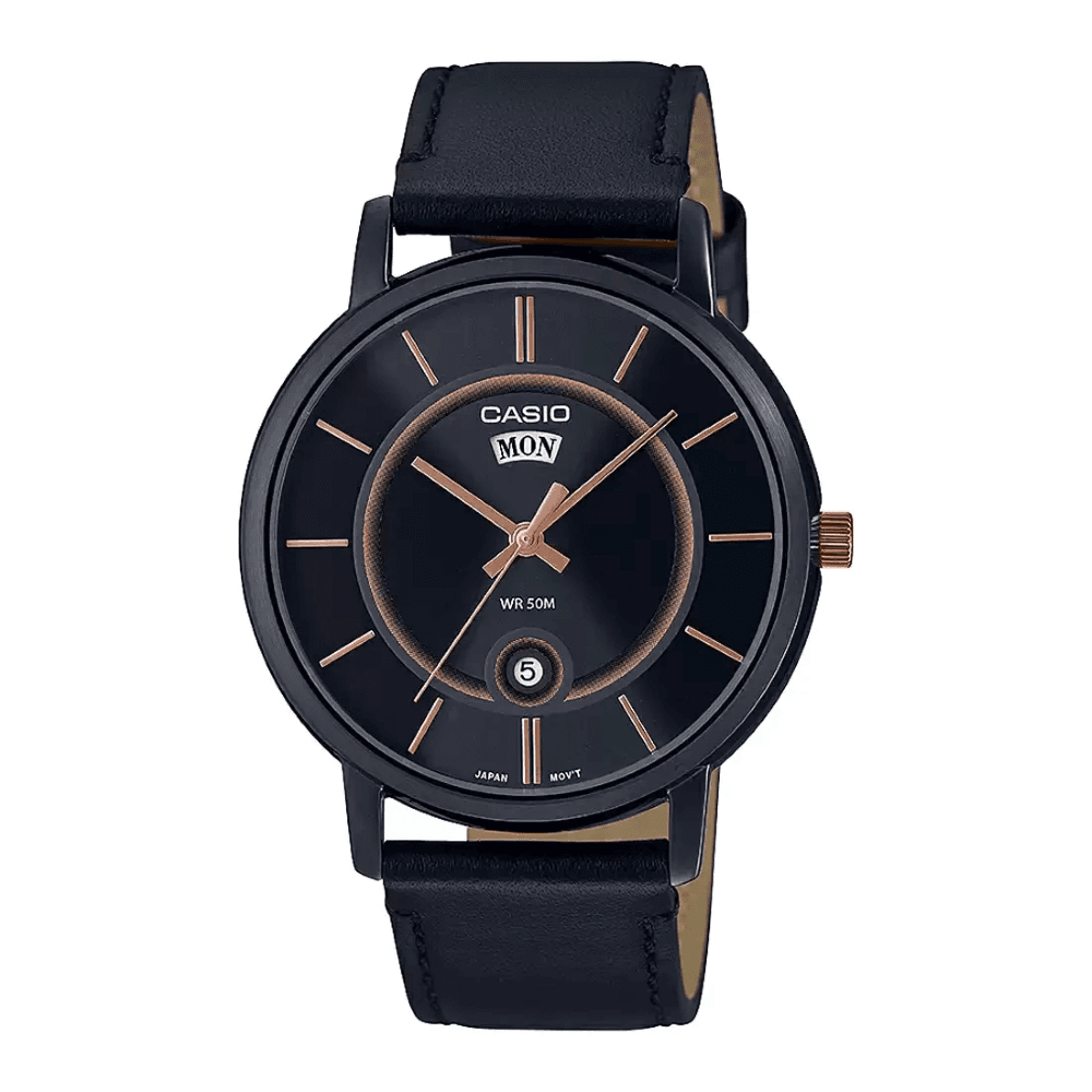 WW1947 Casio Enticer Day Date Stainless Steel Black Leather Belt Watch MTP-B120BL-1AVDF