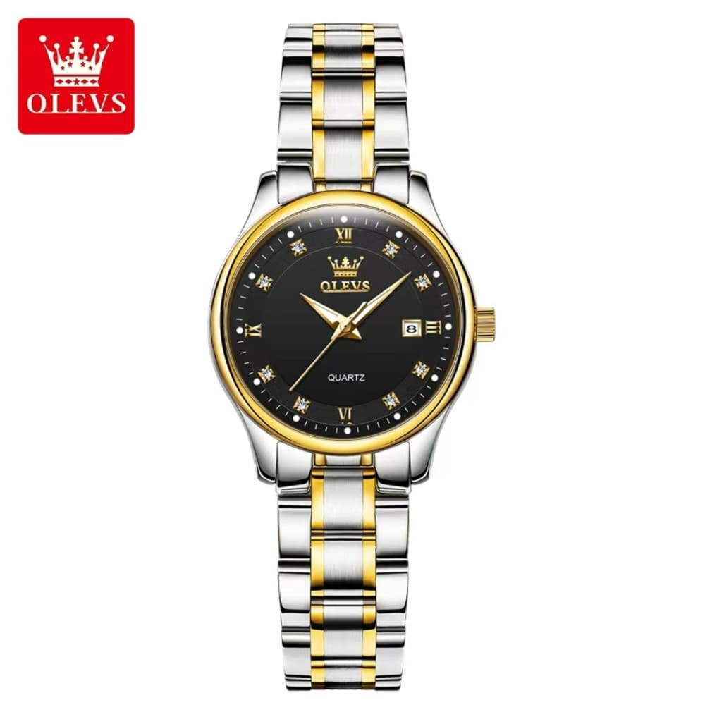 Olevs 5563 Stainless Steel Analog Wrist Watch For Women - Black & Gold
