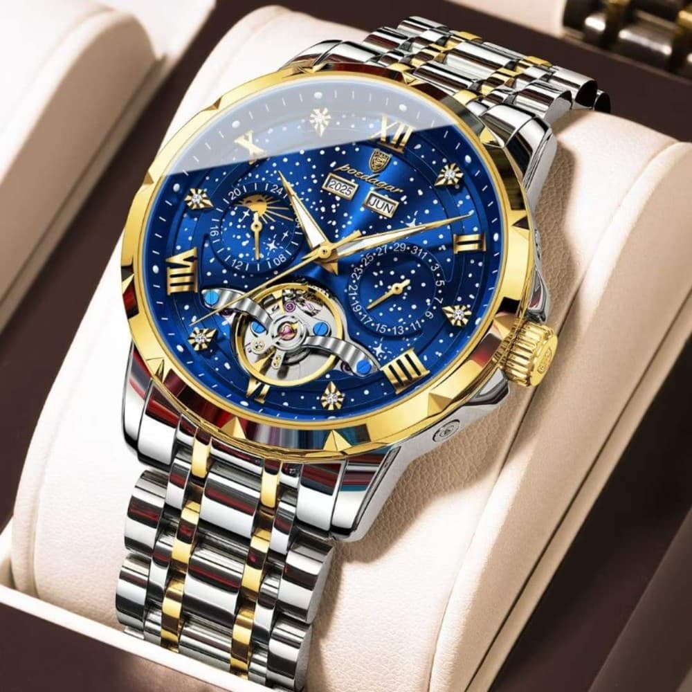 POEDAGAR 1420 Stainless Steel Tourbillon Automatic Movement 30M Waterproof Luminous Mechanical Watch for Men