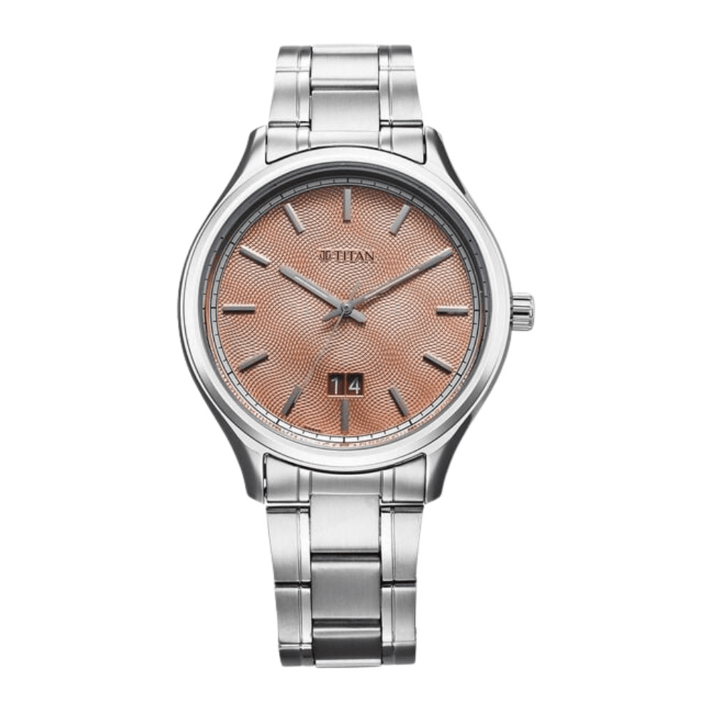 Titan Palette Of Time Quartz Analog with Date Orange Dial Stainless Steel Strap Watch For Men