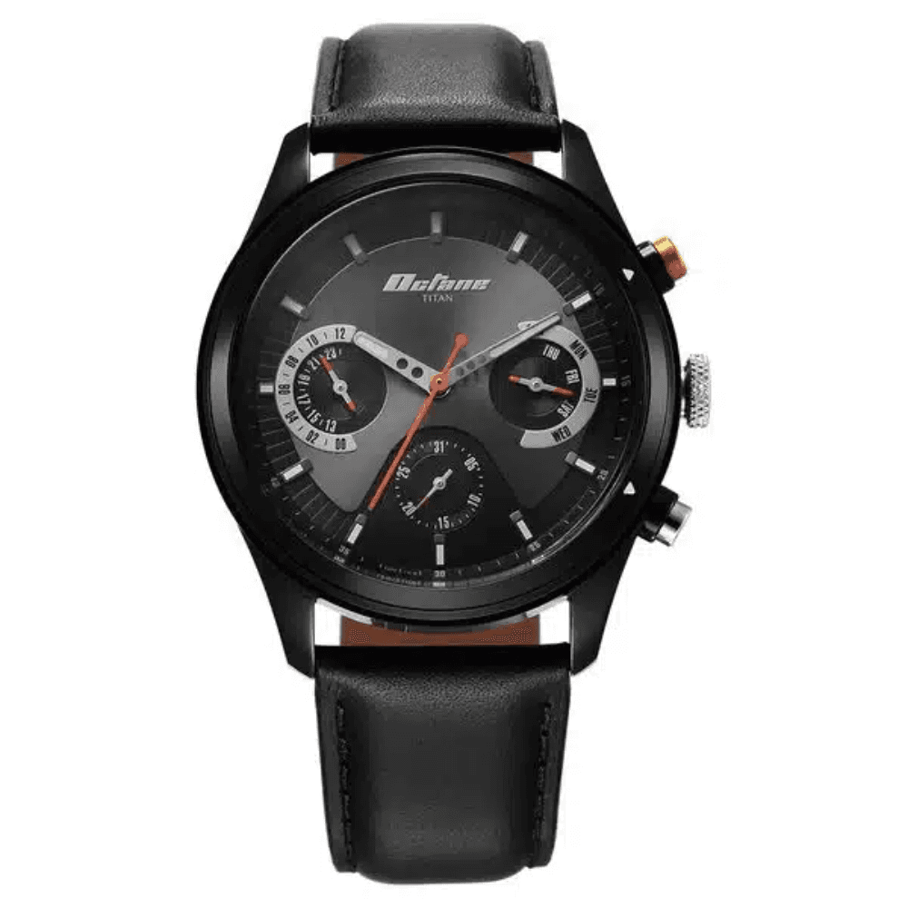 Titan Octane Quartz Multifunction Black Dial With Black Leather Strap Watch For Men (1805KL02)