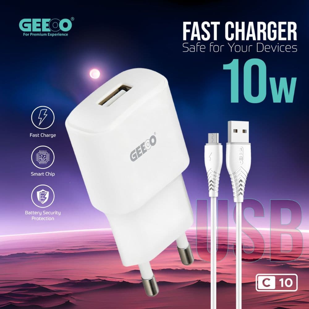 GEEOO C10 10W Fast Charger Set with Cable | Smart Chip | Micro & Type-C