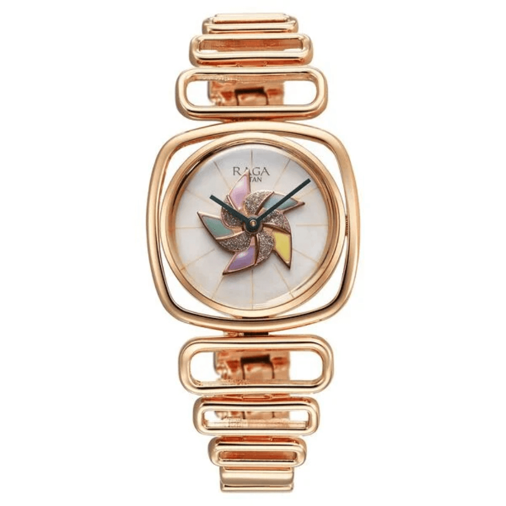Titan Raga Memoirs Pinwheel Quartz Analog Mother of Pearl Dial With Rose Gold Color Metal Strap Watch For Women (95256WM01)