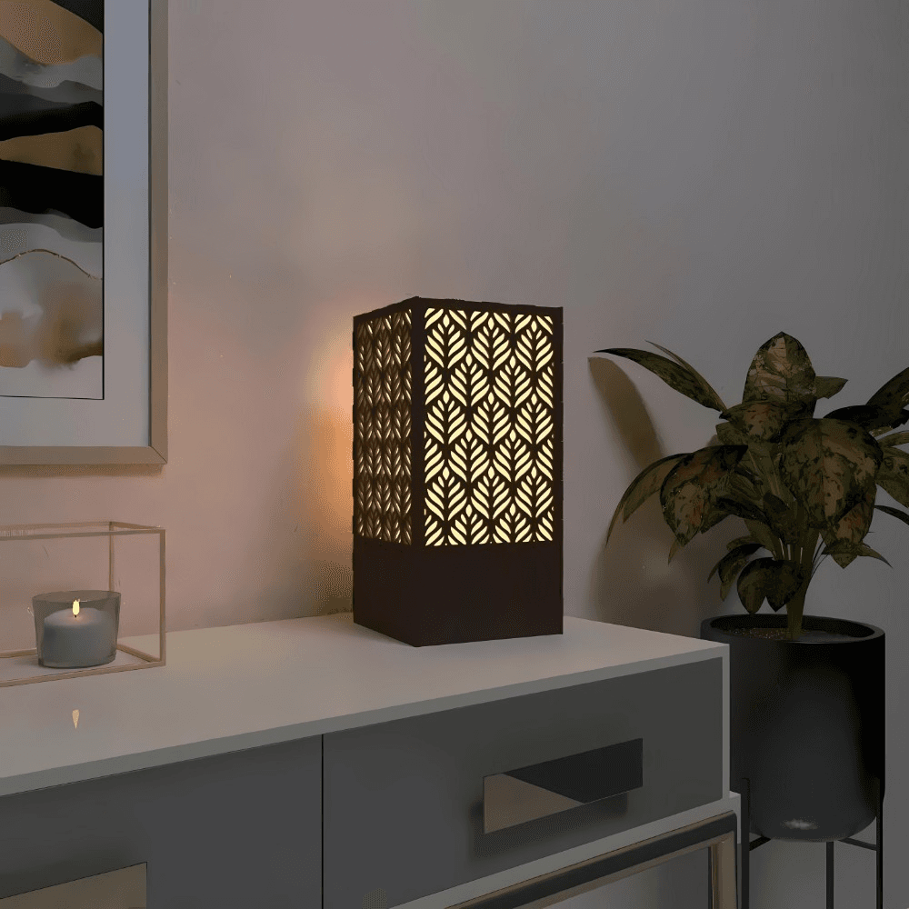 Wood Table Lamp for Home & Office | Warm Light | Laser-Cut Design | Minimalist Wooden Decorative Lamp for Bedroom & Living Room by Ednfy (SL-118)