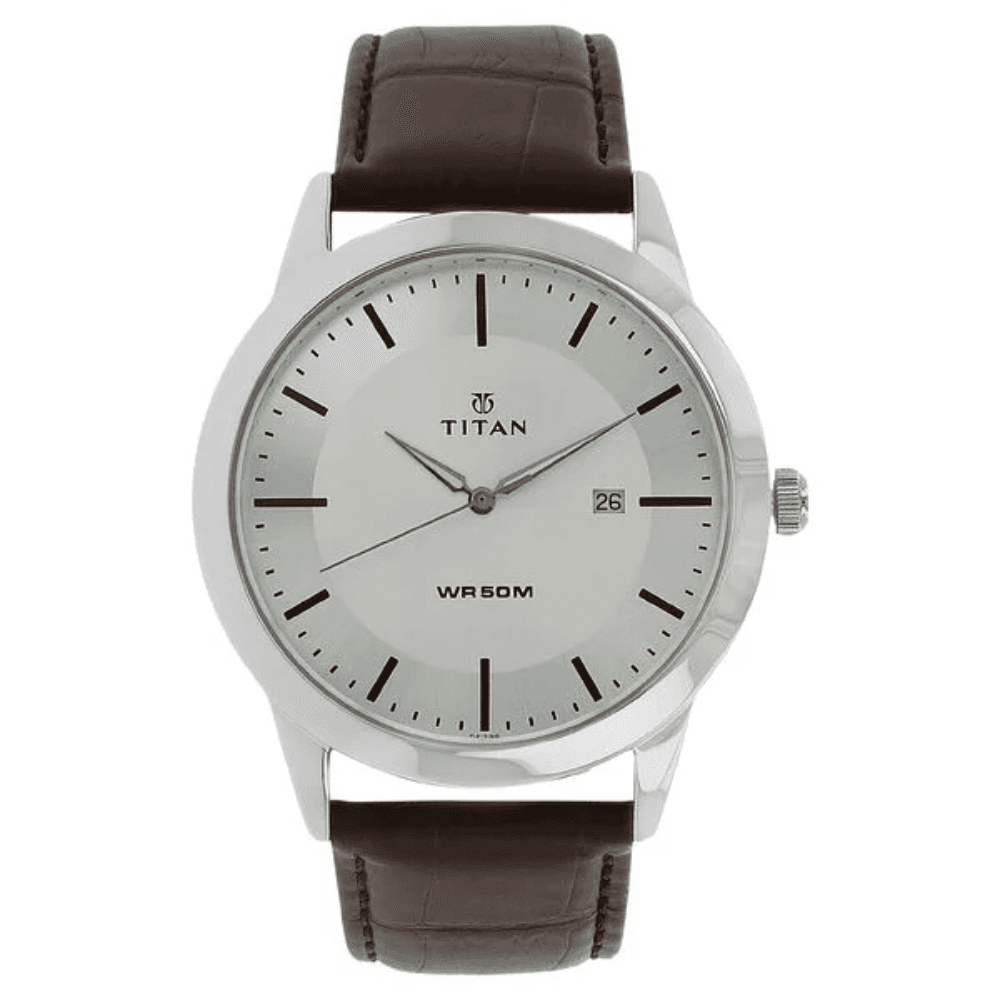 Titan Classic Silver Dial Analog with Date Leather Strap watch for Men (1584SL03)
