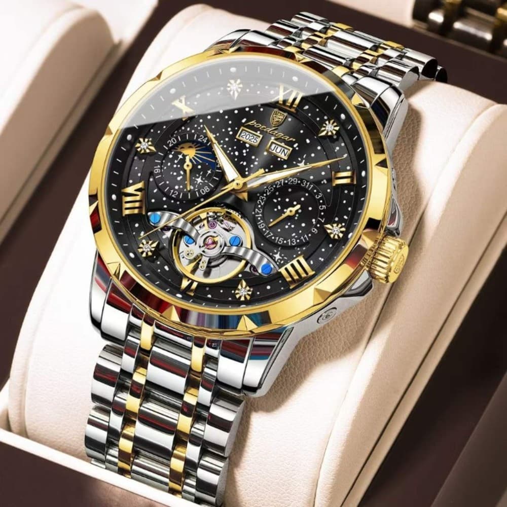 POEDAGAR 1420 Stainless Steel Tourbillon Automatic Movement 30M Waterproof Luminous Mechanical Watch for Men