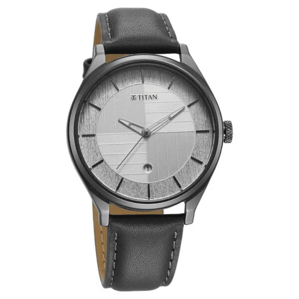 Titan Neo Economy Quartz Analog with Date Silver Dial Grey Leather Strap Watch For Men (1802QL01)