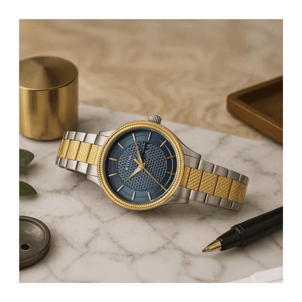 Titan Karishma Wedding Edit Quartz Analog with Day and Date Blue Dial Stainless Steel Strap Watch For Men (1650BM05)