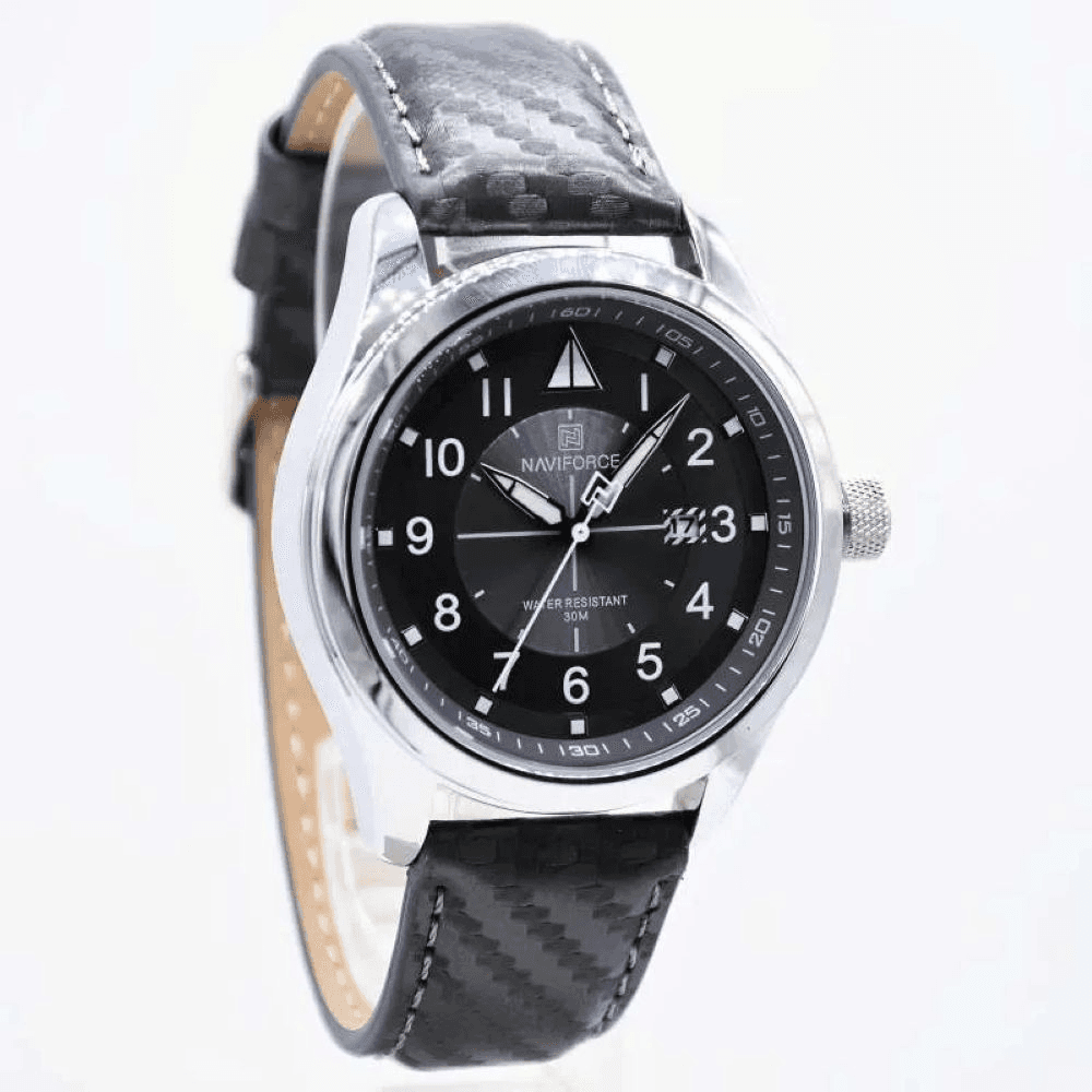 Naviforce NF 8022 Analog Pu Leather Watch for Men Black & Silver