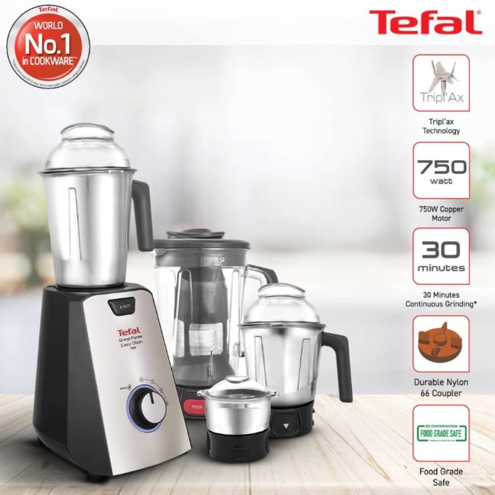 Tefal Grindforce Easyclean 750-Watt Mixer Grinder with 3 Stainless Steel Jars + Blender