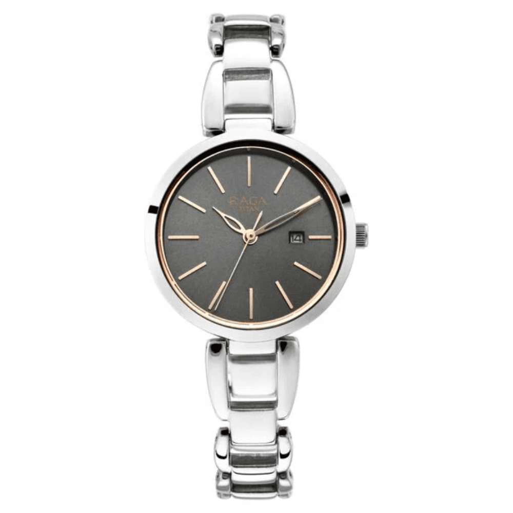 Titan Raga Viva Grey Dial Analog with Date Silver Metal Strap Watch for Women (2642SM01)