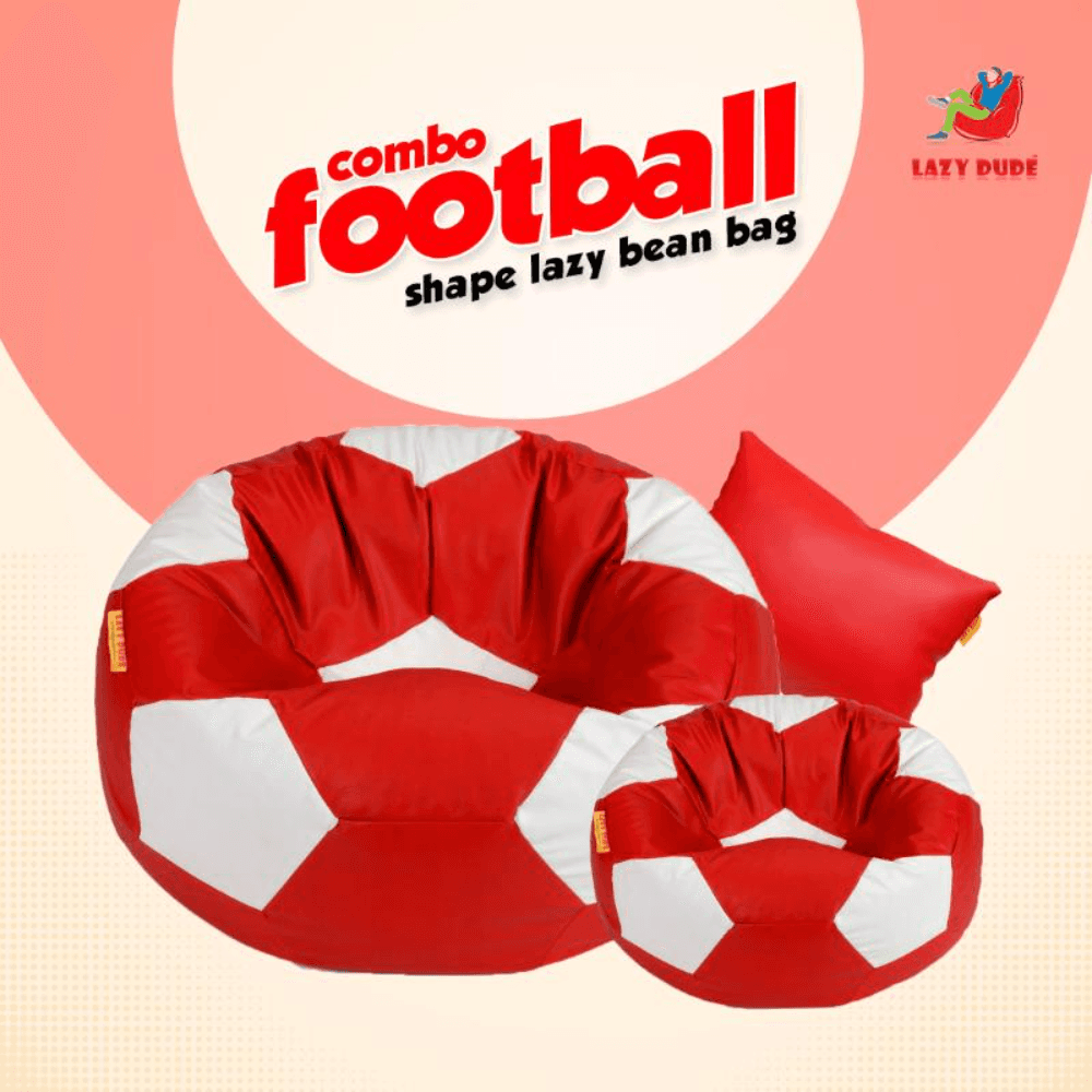 Football Shape Lazy Bean Bag Combo Set - Red and White Color - XL Size
