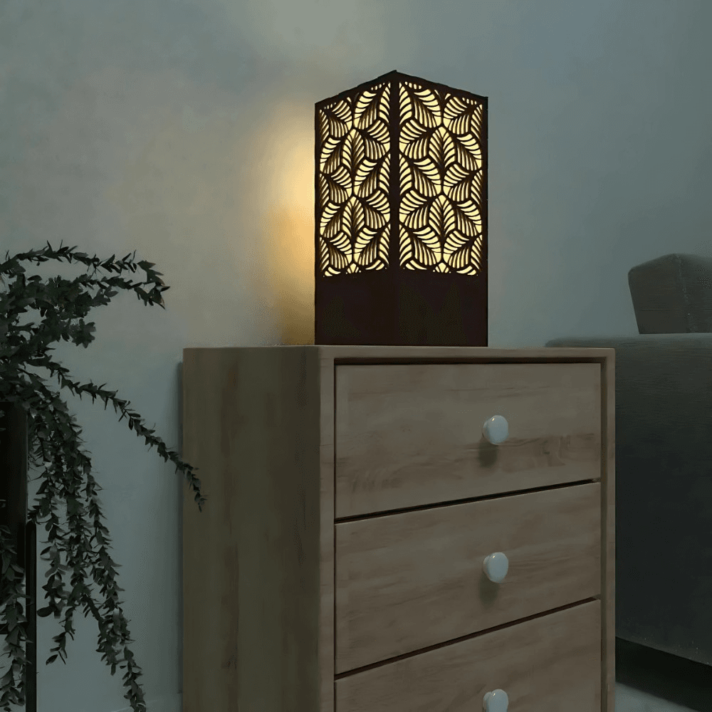 Ednfy Wooden Table Lamp | Warm Yellow Bedside Light | Laser-Cut Modern Design | Perfect Home Decor Lighting for Bedroom, Living Room, Office (SL-106)