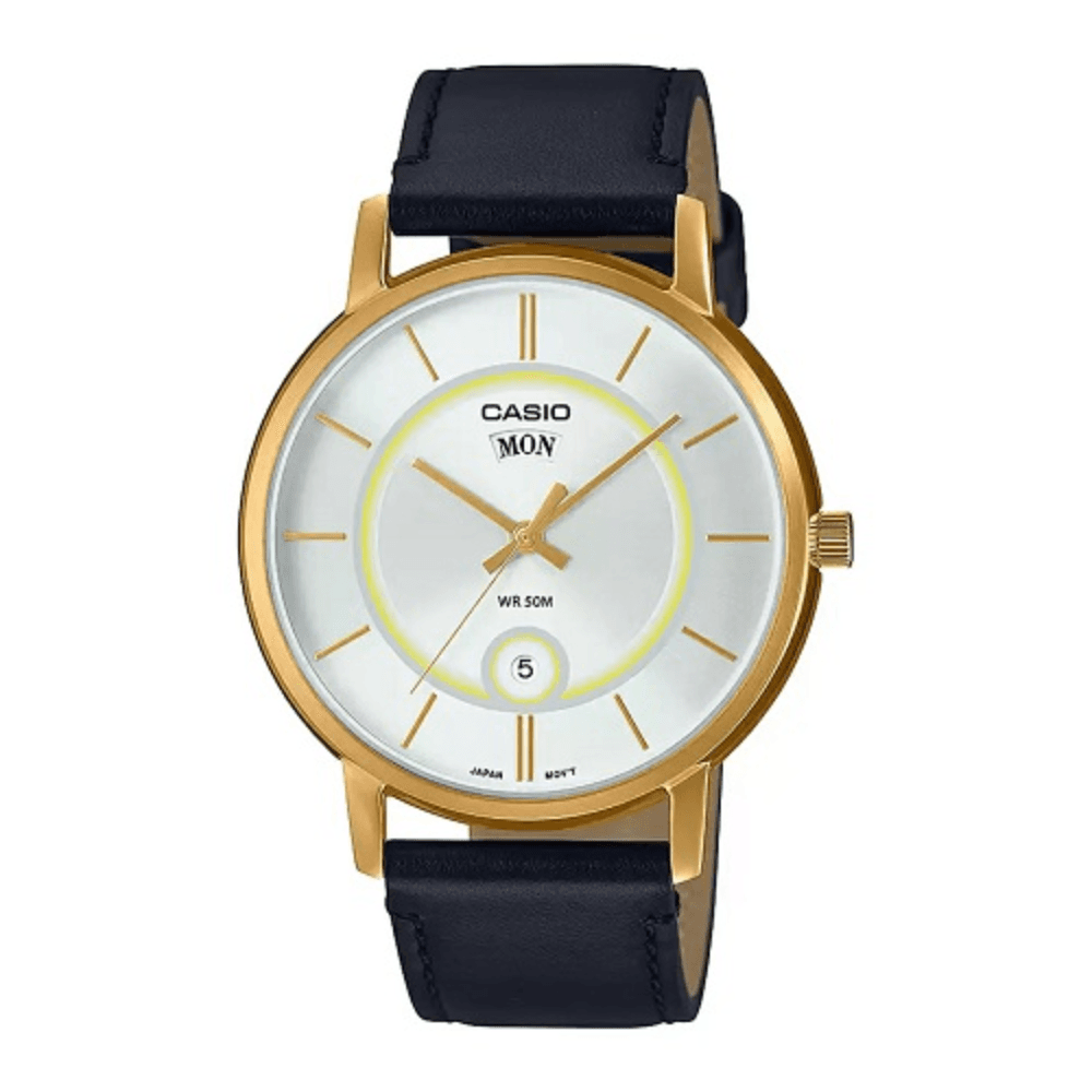 WW1948 Casio Enticer Day Date Stainless Steel Golden Leather Belt Watch MTP-B120GL-7AVDF