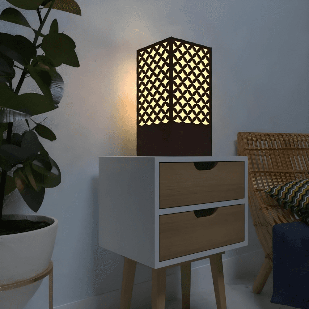 Wood Table Lamp for Bedroom & Living Room | Warm Yellow Ambient Light | Modern Minimalist Laser-Cut Design | Wooden Decorative Light for Home Decor by Ednfy (SL-103)