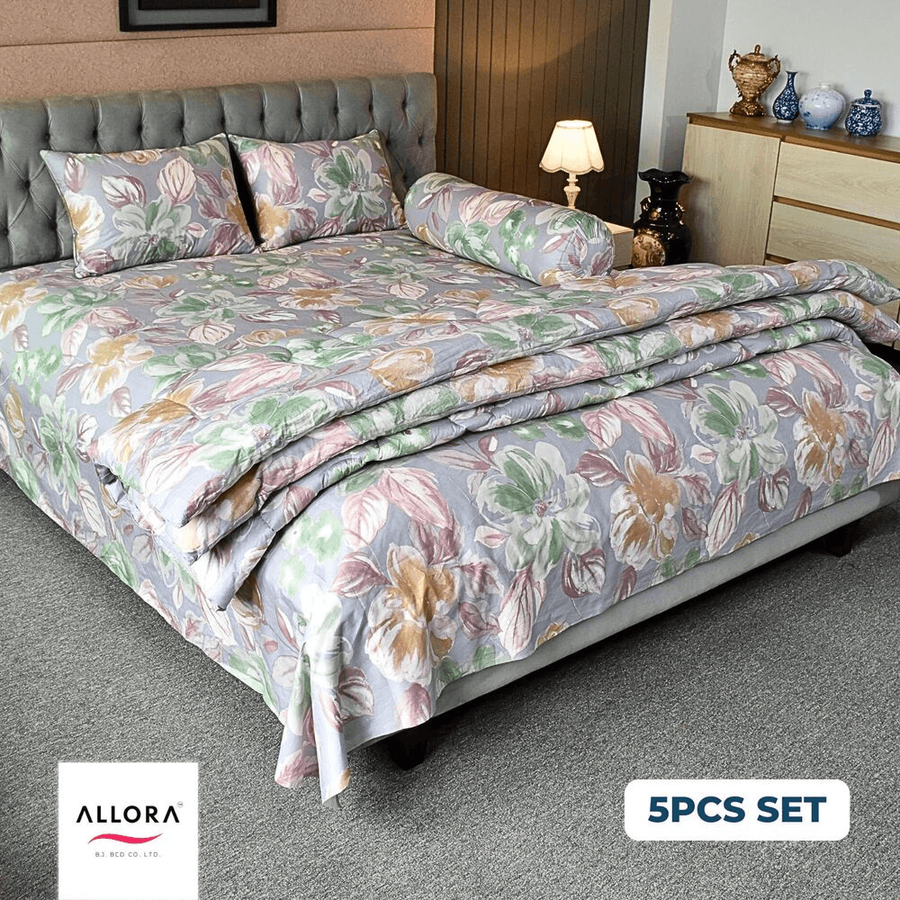 Allora Watercolour Flora Comforter Bedding Set–Grey Purple (5Pcs)