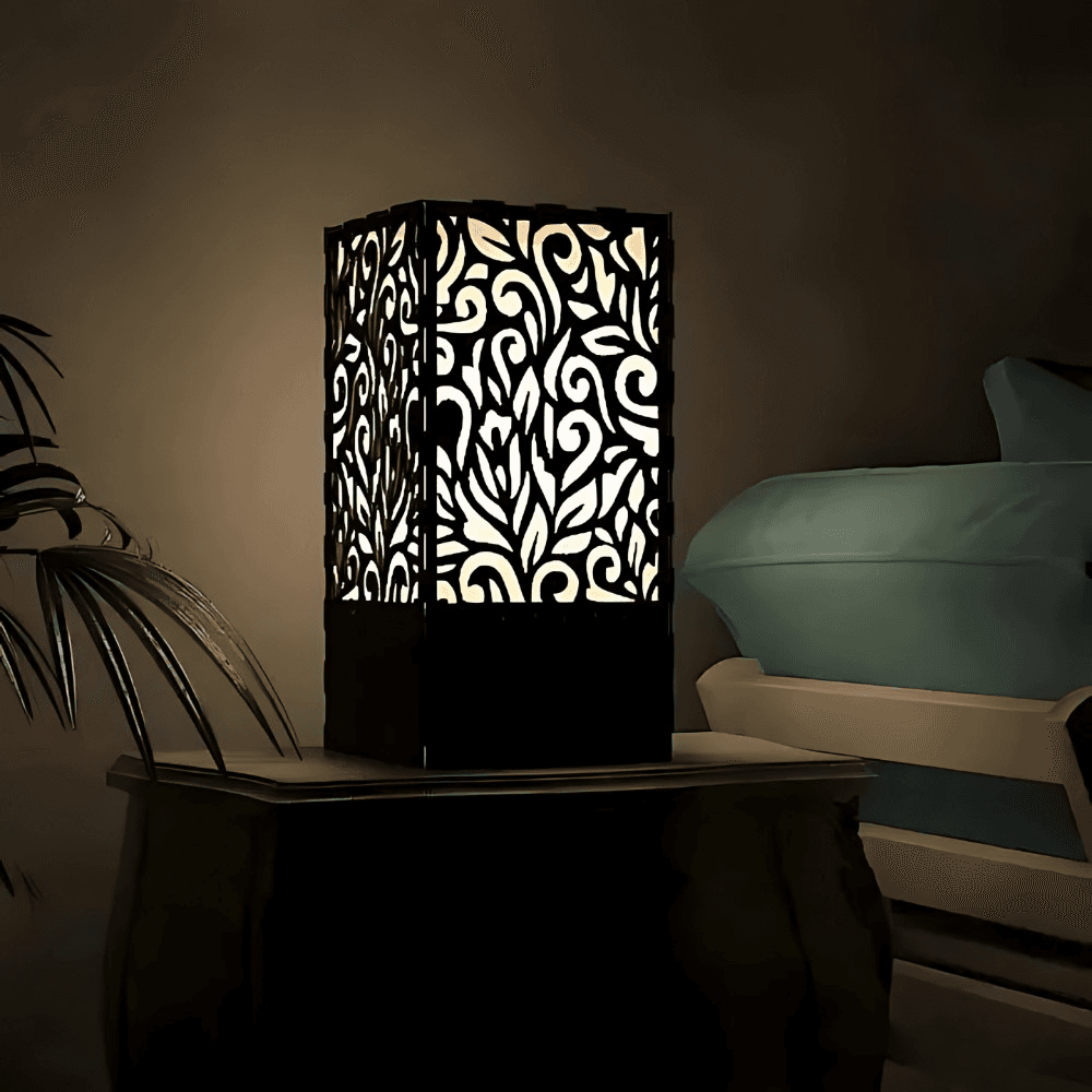 Wood Table Lamp with Warm Yellow Lighting | Minimalist Laser-Cut Wooden Design | Perfect for Bedroom, Living Room, Study & Home Decor by Ednfy (SL-111)