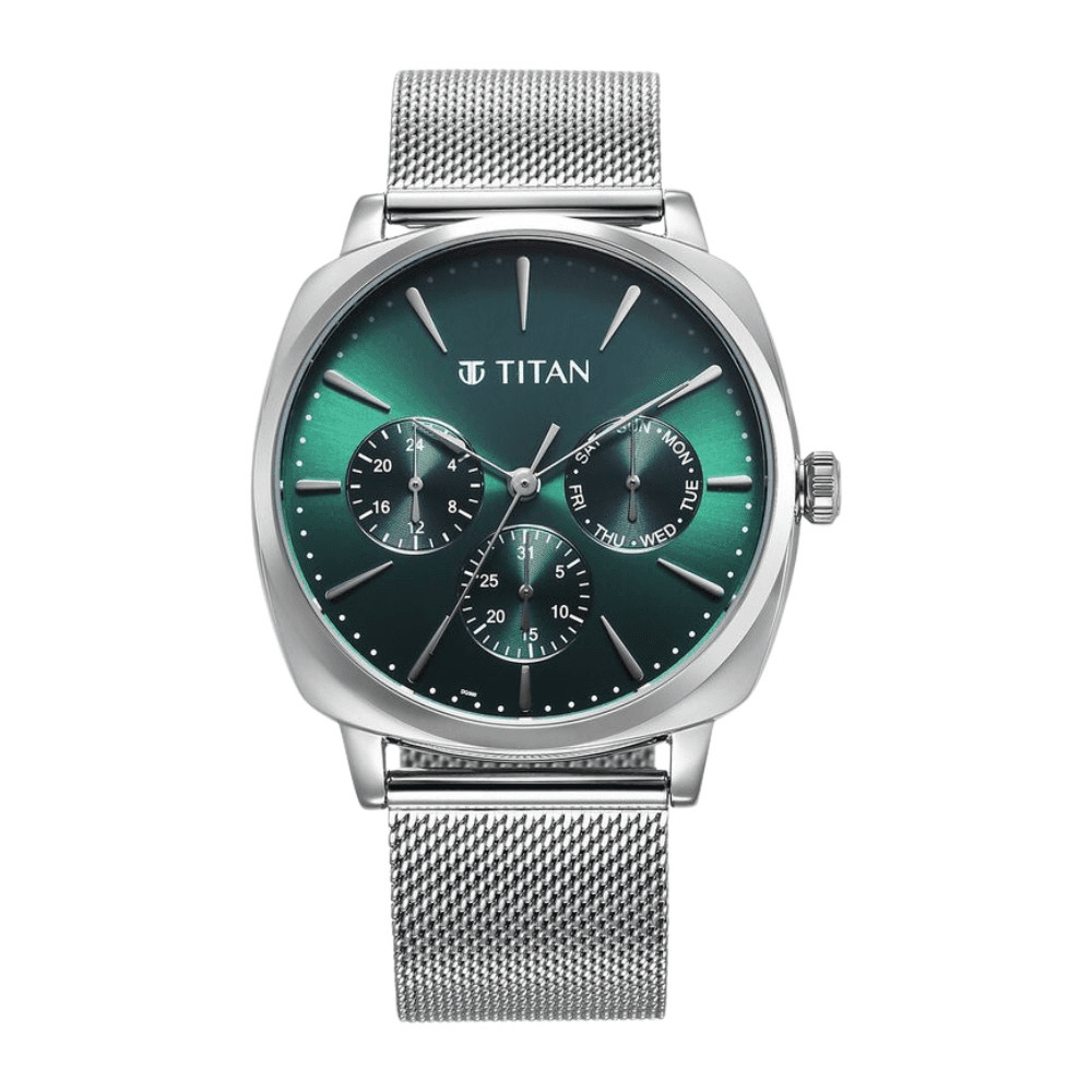 Titan Classique Suave Quartz Green Dial Silver Stainless Steel Mesh Strap Watch for Men