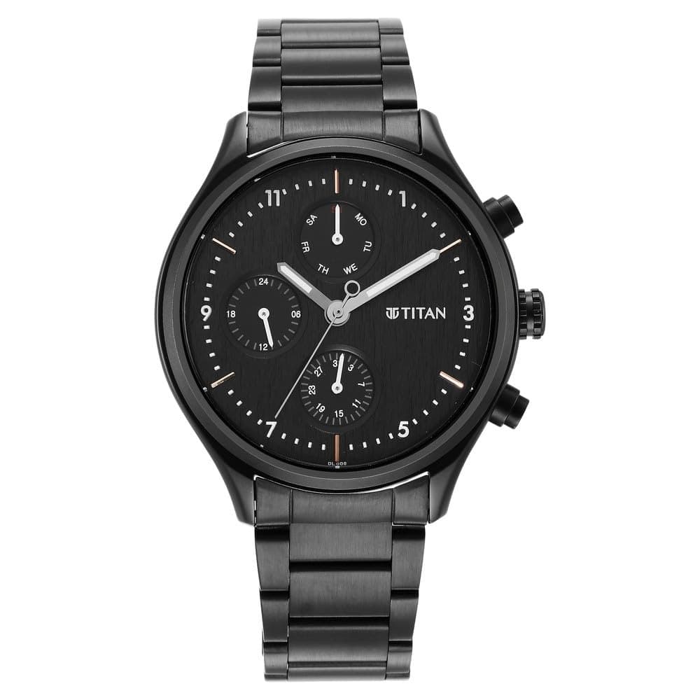 Titan Neo Quartz Multifunction Black Dial Black Stainless Steel Strap Watch for Men - 1803NM01