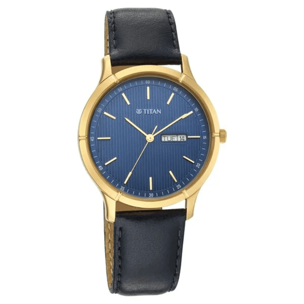 Titan Lagan Blue Dial Analog with Day and Date Leather Strap Watch for Men (1775YL02)