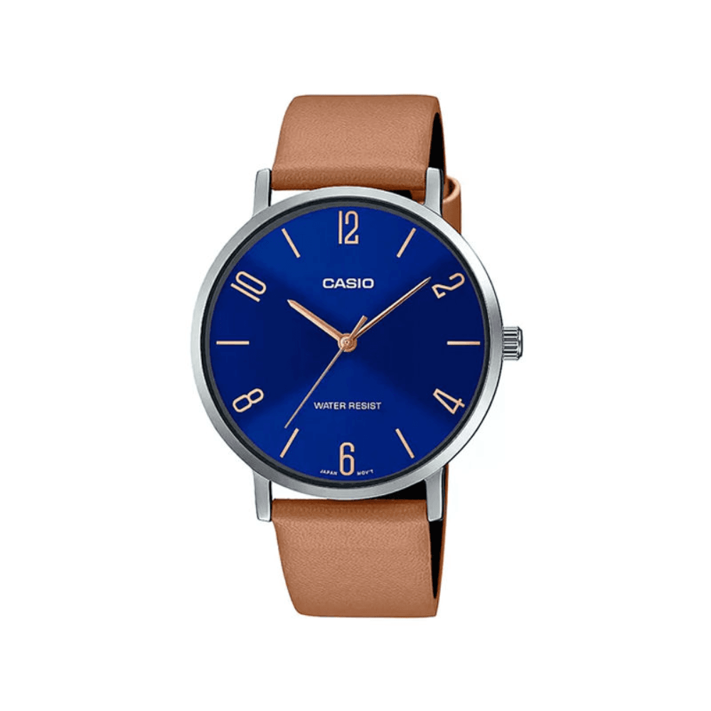 CASIO Men's Blue Dial Brown Leather Band Analog Men's Watch - MTP-VT01L-2B2UDF