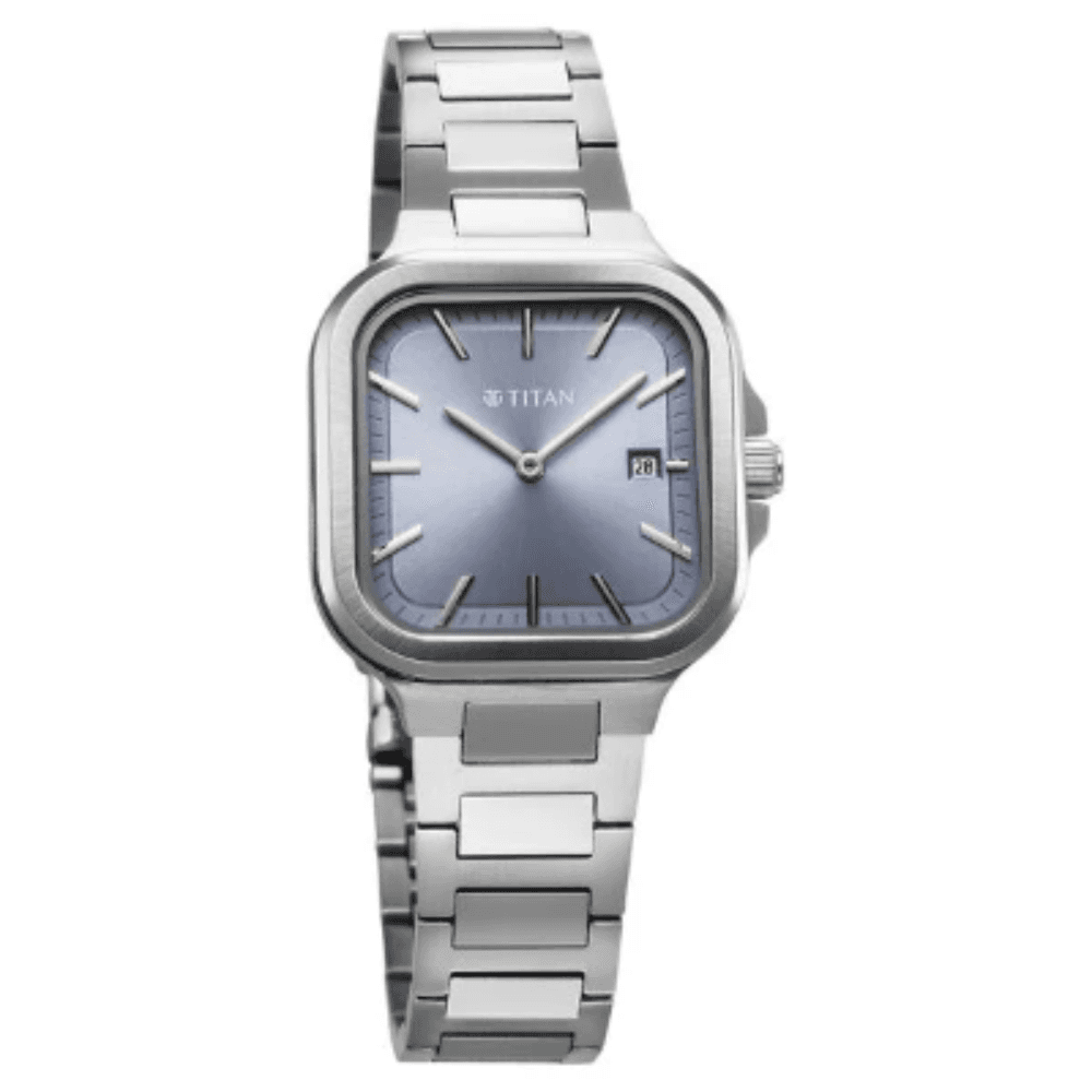 Titan Slim Square Quartz Analog with Date Blue Dial With Silver Color Stainless Steel Strap Watch For Women (95291SM01)