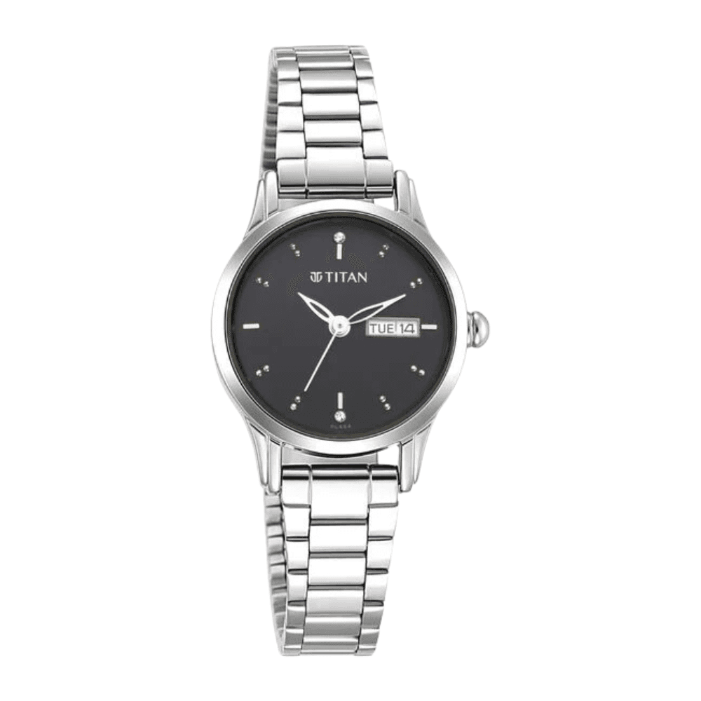 Titan Lagan Black Dial Analog with Day and Date Metal Strap Watch for Women (2656SM03)