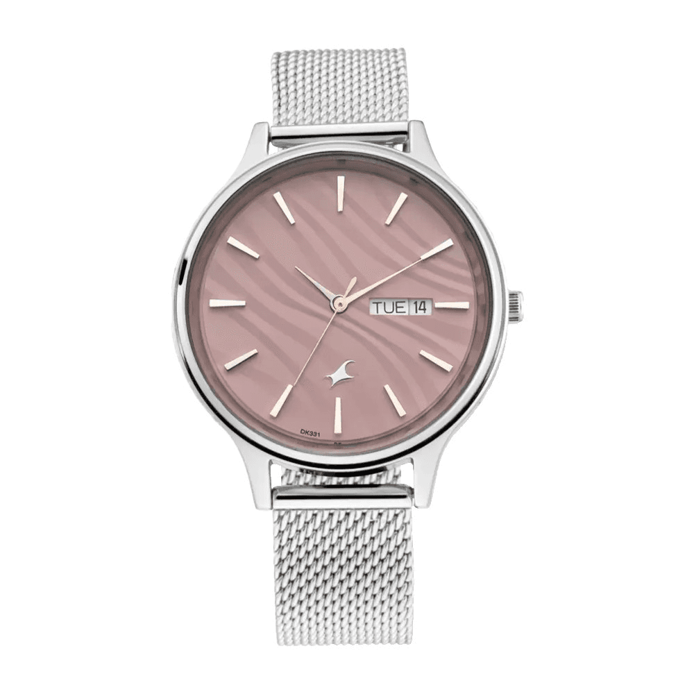 Fastrack 6207SM01 Ruffles Day and Date Pink Dial Stainless Steel Watch for Girls