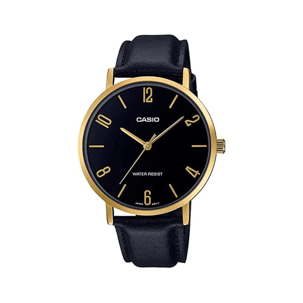 Casio MTP-VT01GL-1B2UDF Minimalistic Black Dial Leather Belt Watch for Men