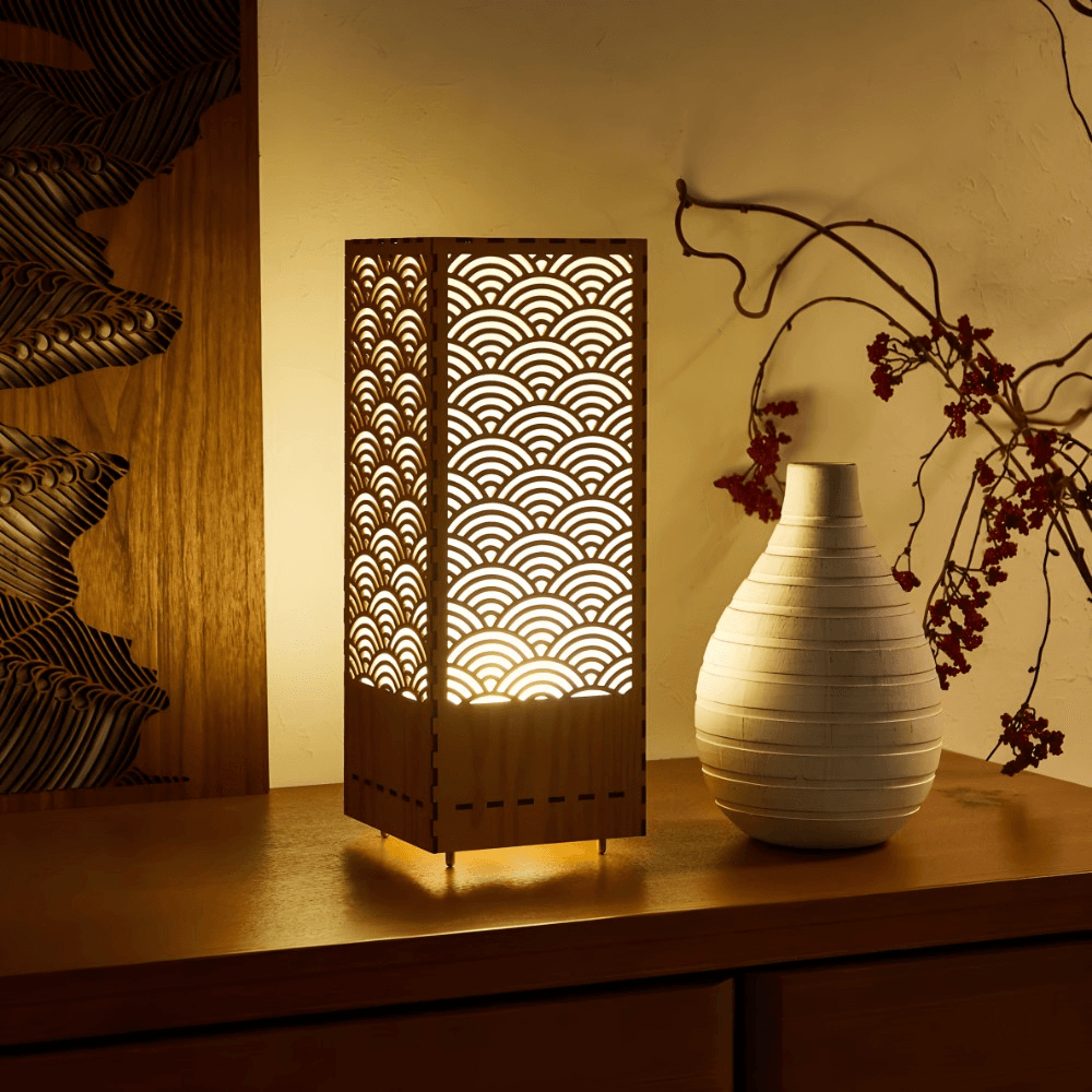 Warm Glow Wood Table Lamp | Laser-Cut Modern Design | Elegant Wooden Light for Bedroom & Living Room | Japanese Minimalist Home Decor by Ednfy (SL-102)