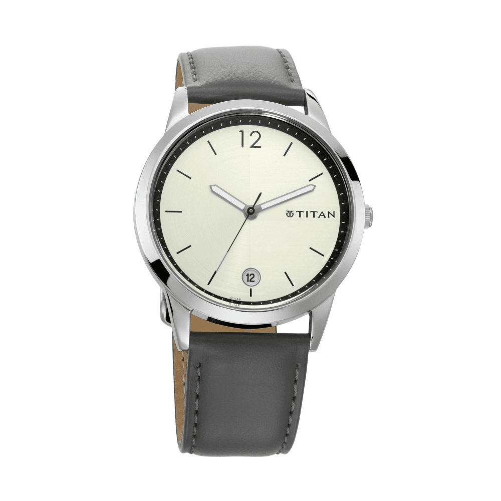 Titan Quartz Analog with Date Silver Dial Leather Strap Watch for Men (1806SL03)