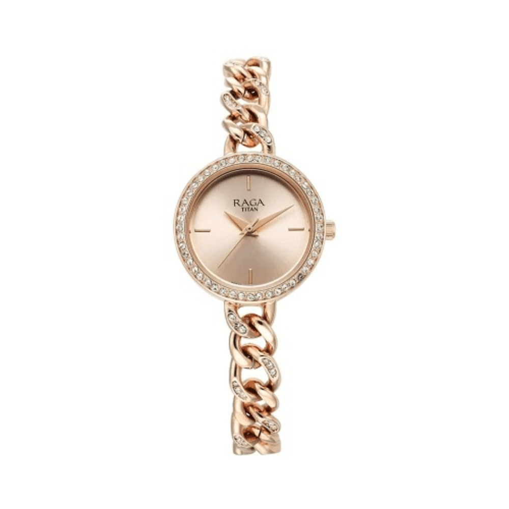 Titan Raga Showstopper Quartz Analog Rose Gold Dial Metal Strap Watch for Women