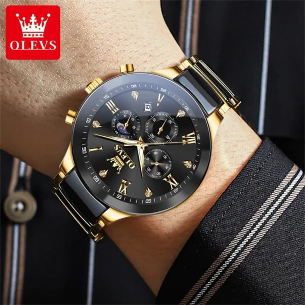 OLEVS 7004 Chronograph Moonphase Original Ceramic Watch For Men – Gold Black